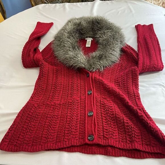 Cache Red Faux Fur Sweater Cardigan Size XL - Picture 7 of 9